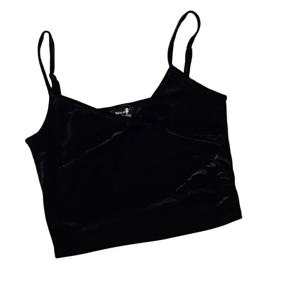 Allegra K Velvet Faux Wrapped Cropped Tank Cami Top Black XLarge